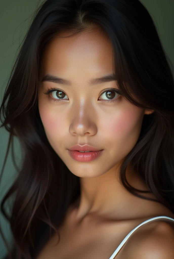 Thai woman face photography, black hair , yeux verts, Belle, regard charmeuse, Three bronze peaux ,26 ans,