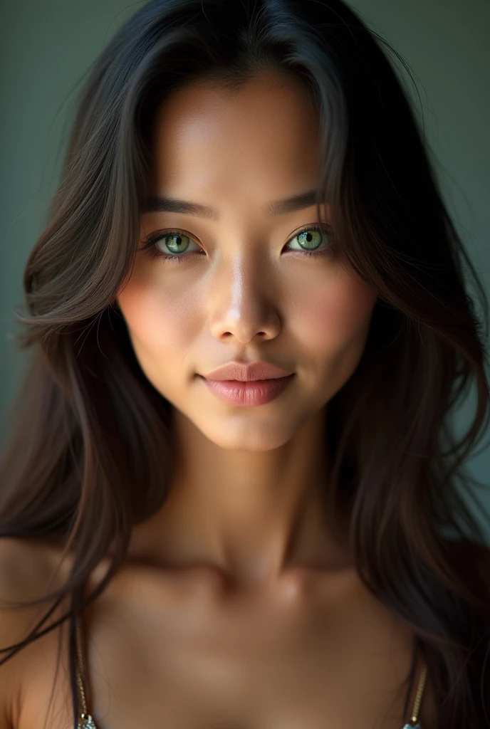Thai woman face photography, black hair , yeux verts, Belle, regard charmeuse, Three bronze peaux ,26 ans,