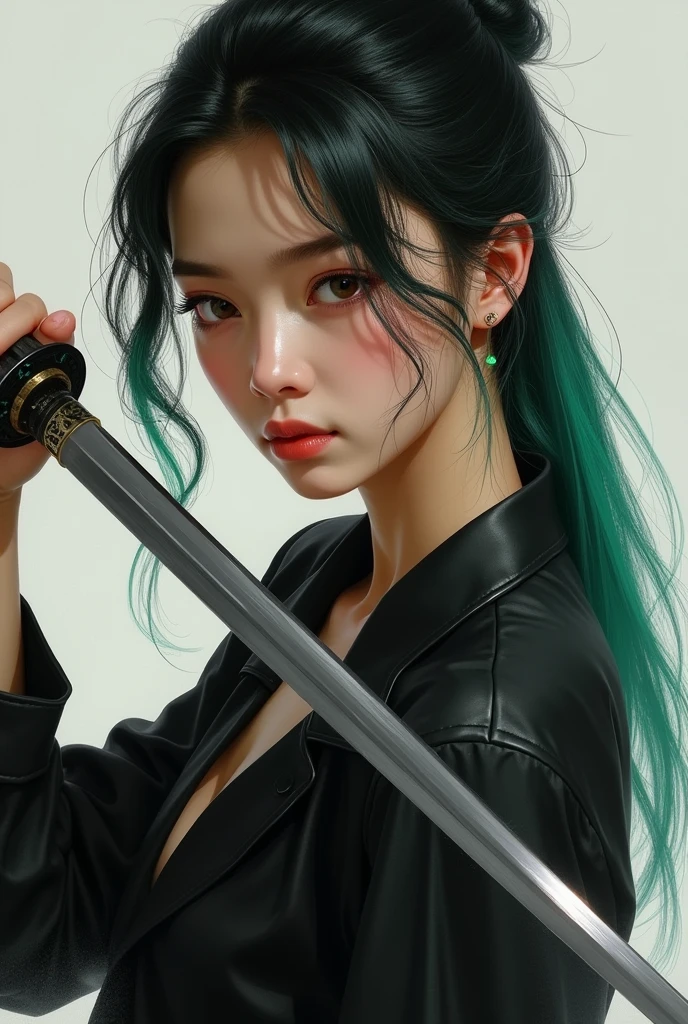 Fille réaliste avec une chemise noire, cheveux long attaché noir avec des pointes vertes, avec un katana à la main, piercing au nez