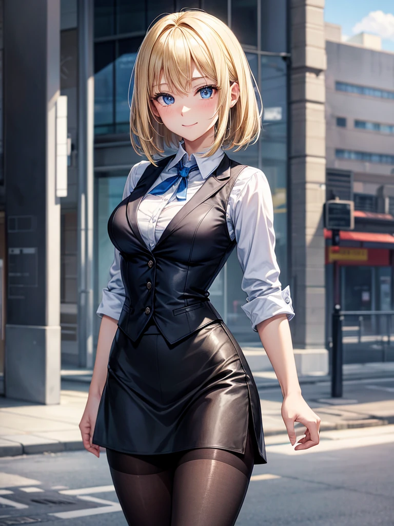 Anime style, super fine illustration, highly detailed, beautiful detailed, perfect detailed, super high quality image, static representation, gentle expression, happy expression, the pretty image, 8k, pretty 1girl with blonde straight short hair & blue eyes & a bright smile & full bust & soft fair skin is a female secretary not to show her skin wearing the business shirt & vest & black tight skirt & black pantyhose on the urban business buildings street, in the morning, solo, perfect fingers, no more fingers, no less fingers, perfect arms, no more arms, perfect legs, no more legs, no more hair, masterpiece.