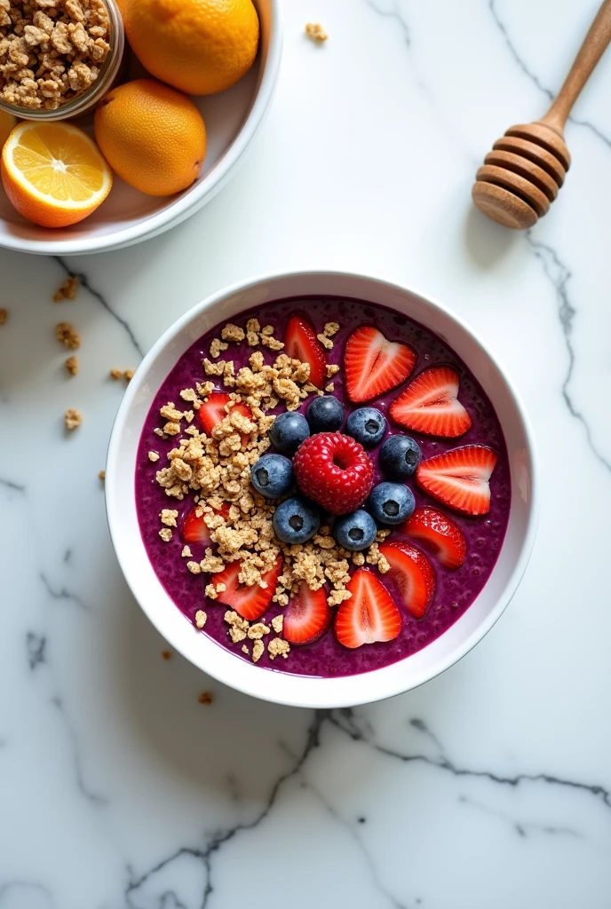 Instagram-style shot from above、White marble top、Fruity Acai Bowl、Ultra HD、Aspect ratio 3:4