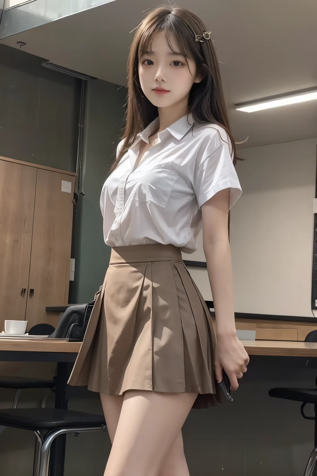 Ultra-Realistic Capture, Very detailed,. Skin texture should be natural,Skirt on shirt,high school girl,Wearing a skirt,The skirt is thigh-length,Beauty,sexy,Beautiful legs,Stand in Respect,Wearing loafers,Dynamic pose