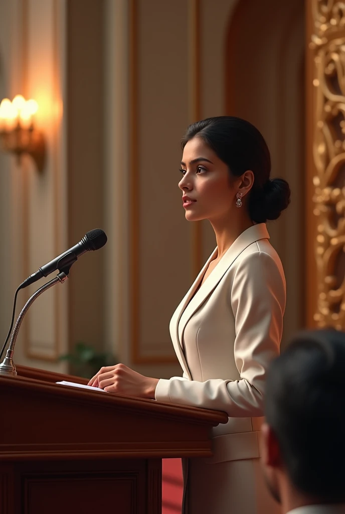 2 one girl leader giving speech mic in Indian new Parliament House 