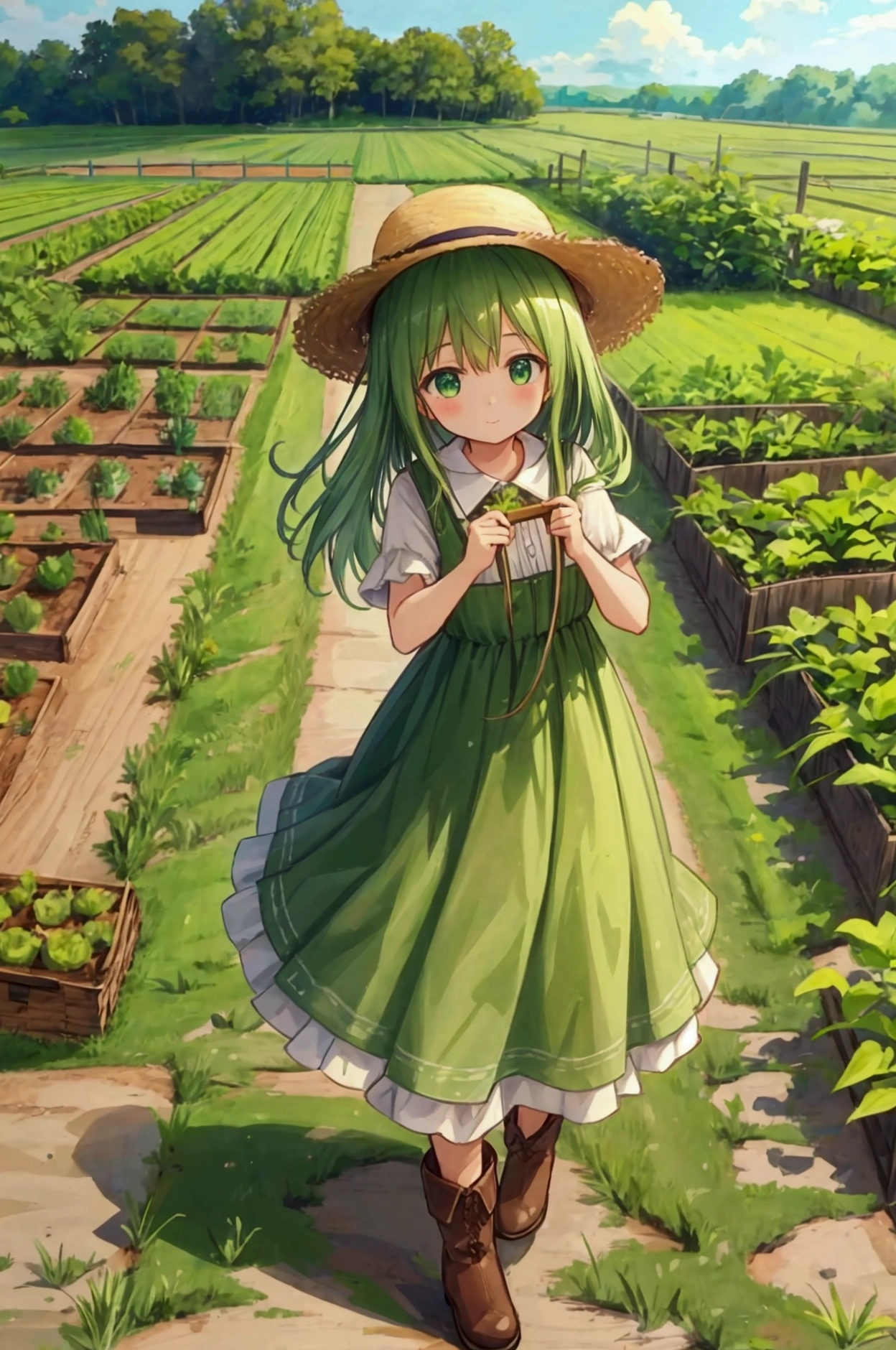 Girl、Green country dress、Boots、Straw hat、farm、vegetable garden、three wheel auto