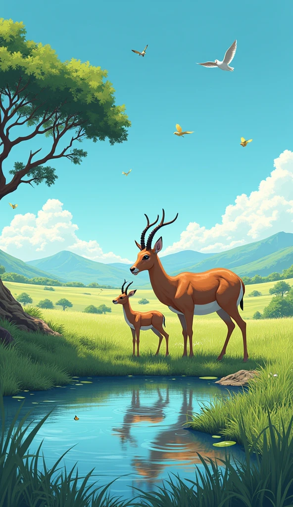 A realist anime antelope standing the green grasses(far and wide angle view) with landscape background and drinking water with its baby, with acacia trees and a clear blue sky in the background and with water lake near, birds flying and butterflies . Hawaii illustration , reteo comic illustration