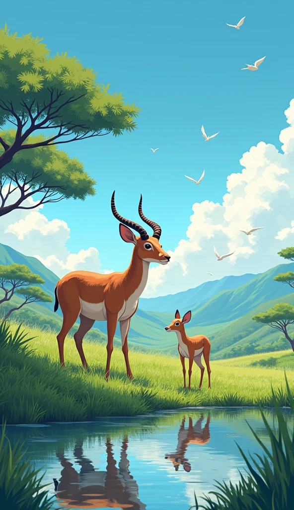 A realist anime antelope standing the green grasses(far and wide angle view) with landscape background and drinking water with its , with acacia trees and a clear blue sky in the background and with water lake near, birds flying and butterflies . Hawaii illustration , reteo comic illustration