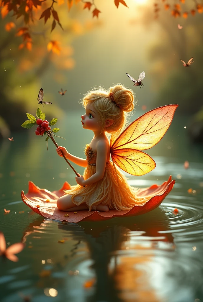 A vibrant, miniature fairy with iridescent wings, the size of a dragonfly, perched gracefully atop a glossy, autumn-hued leaf. The leaf, floating effortlessly on the serene surface of a gently flowing river, serves as her makeshift vessel. Her attire is a blend of soft, organic materials such as petals and spider silk, intricately woven to resemble a dress that flows with the same ease as the water beneath her. The fairy's features are delicate, with a tiny pointed nose, mischievous green eyes, and hair made of fine, golden strands of sunlit straw. She holds a wand adorned with dew-kissed berries and a sprig of mint, hinting at her nature-based magic. The riverbanks are lush with foliage, displaying a palette of warm oranges, reds, and yellows that mirror the changing seasons. Overhanging willow branches cast dappled shadows upon the water, creating a serene, natural tapestry. Dragonflies and butterflies flit around her, drawn to the fairy's ethereal presence. The scene is bathed in the soft, golden light of a setting sun, which casts a warm glow on the scene and reflects off the river's ripples, imbuing the entire image with a sense of tranquility and enchantment.