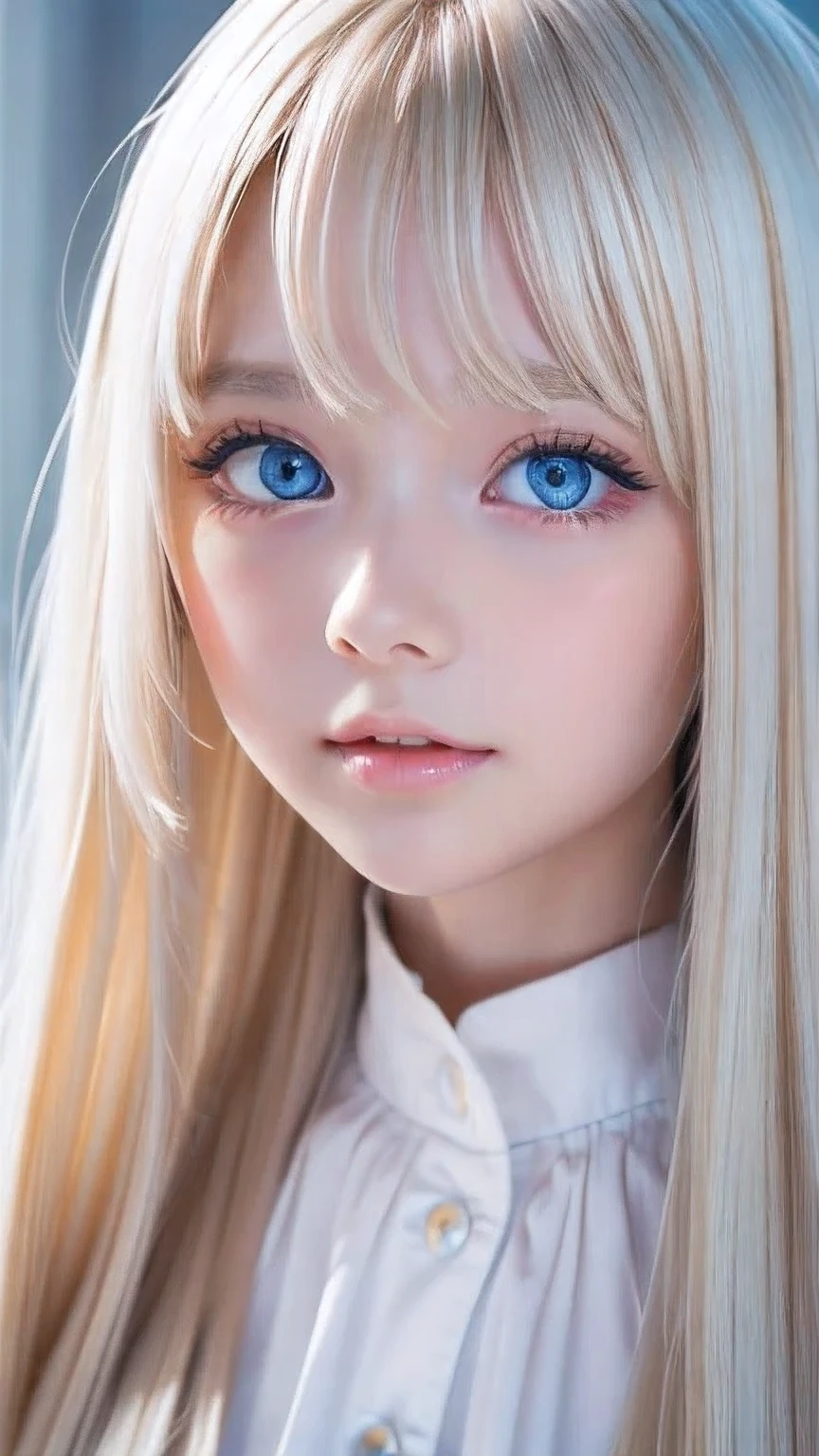 A perfectly beautiful face、Messy silky beautiful blonde hair、A beautiful 1 Scandinavian beauty、Very beautiful beautiful bright pale sky blue big eyes、Very long beautiful natural platinum blonde silky shiny hair、Long beautiful bangs、Very big eyes、Small Face Beauty、eyeliner、very white shiny skin、Gloss Face、Cheek gloss、Hair above the eyes、片Hair above the eyes、Hair between the eyes、