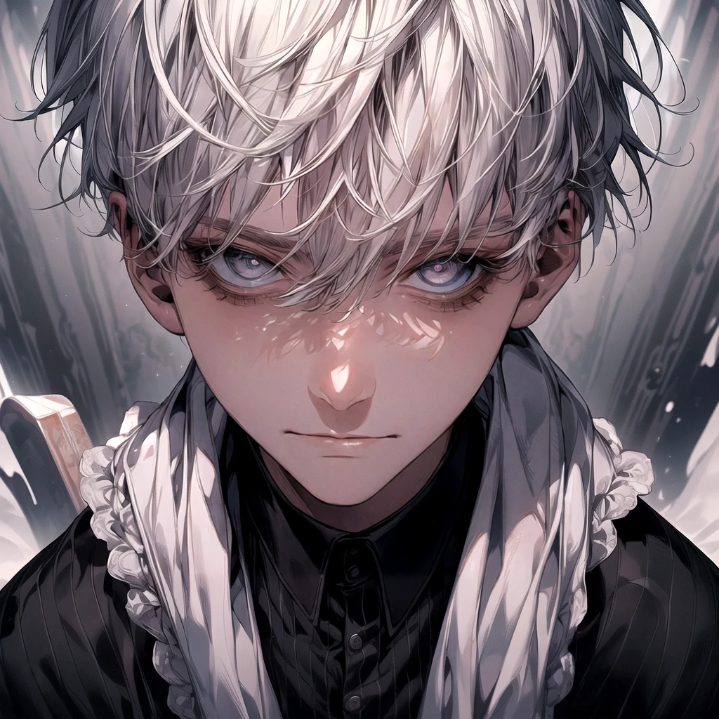 (Masterpiece), (High Quality), Very detailed, Perfect Face, Beautiful Face, Very detail, (short White-haired man), Black shirt, open shirt and black suit, chocolate, long eyelashes, shining, effection, No Emotions, teased, Cold Gaze, Closed Mouth 