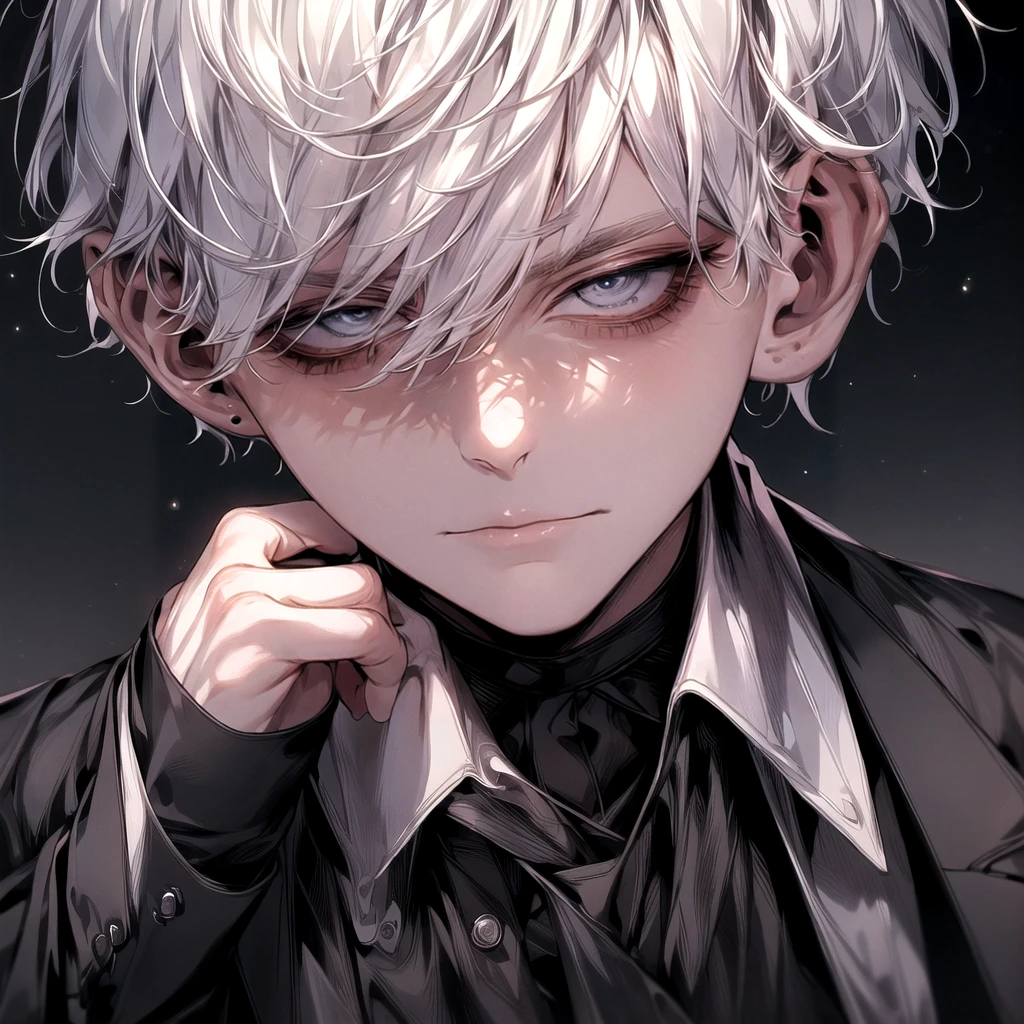 (Masterpiece), (High Quality), Very detailed, Perfect Face, Beautiful Face, Very detail, (short White-haired man), Black shirt, open shirt and black suit, chocolate, long eyelashes, shining, effection, No Emotions, teased, Cold Gaze, Closed Mouth