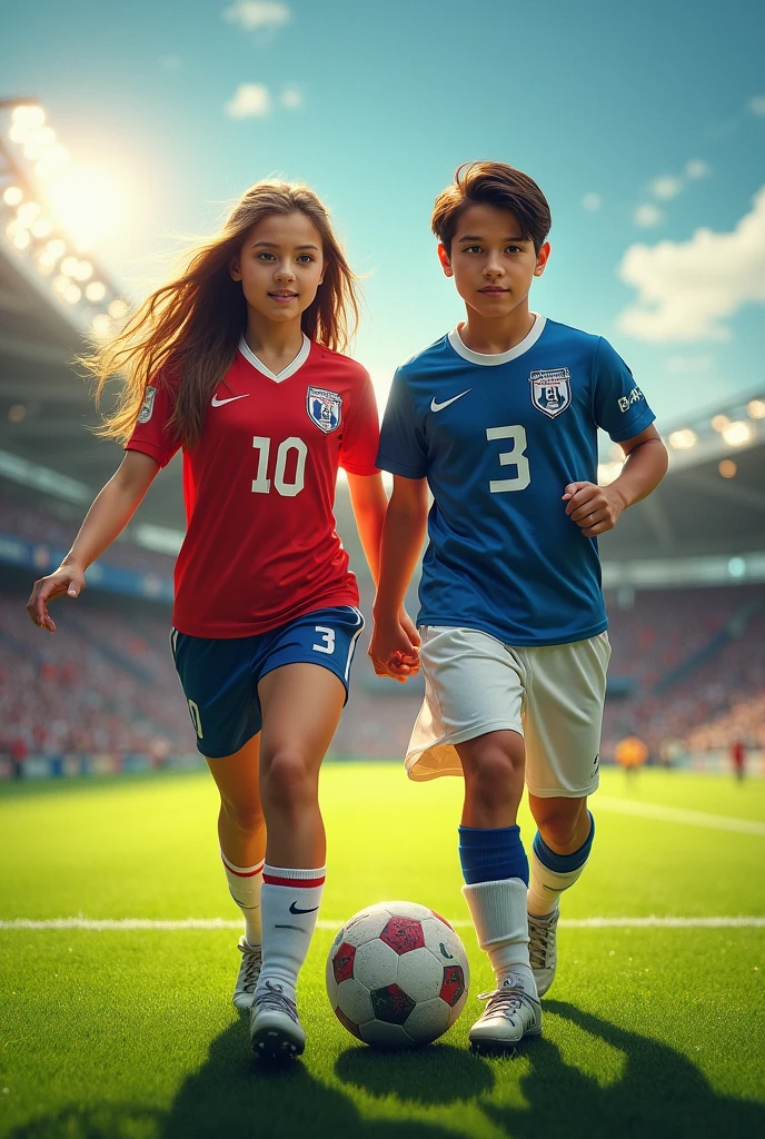 create an image representing couple goals involving a soccer-playing girl with number 10 and a football-playing boy with number 3