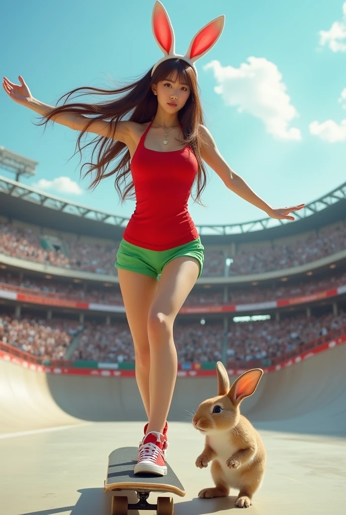 A voluptuous Japanese woman, 2, dressed elegantly in a bunny girl costume of a red tank top and green shorts at a skateboarding stadium, is smiling with a bright expression and jumping on a skateboard.、She has long brown hair and a rabbit ear ornament on top of her head.、The photo shows her with a small chest and a calm expression.、It shows her inner peace and outer charm.。Next to it is a rabbit riding a skateboard.。