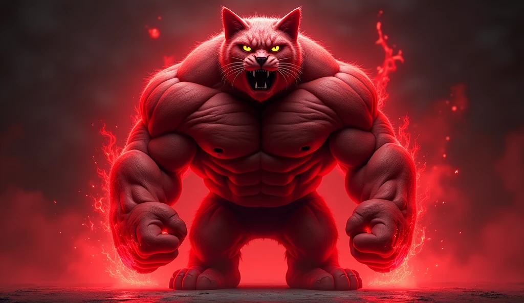 A burly red cat shaped like Hulk, add a red light effect on each side of its body 