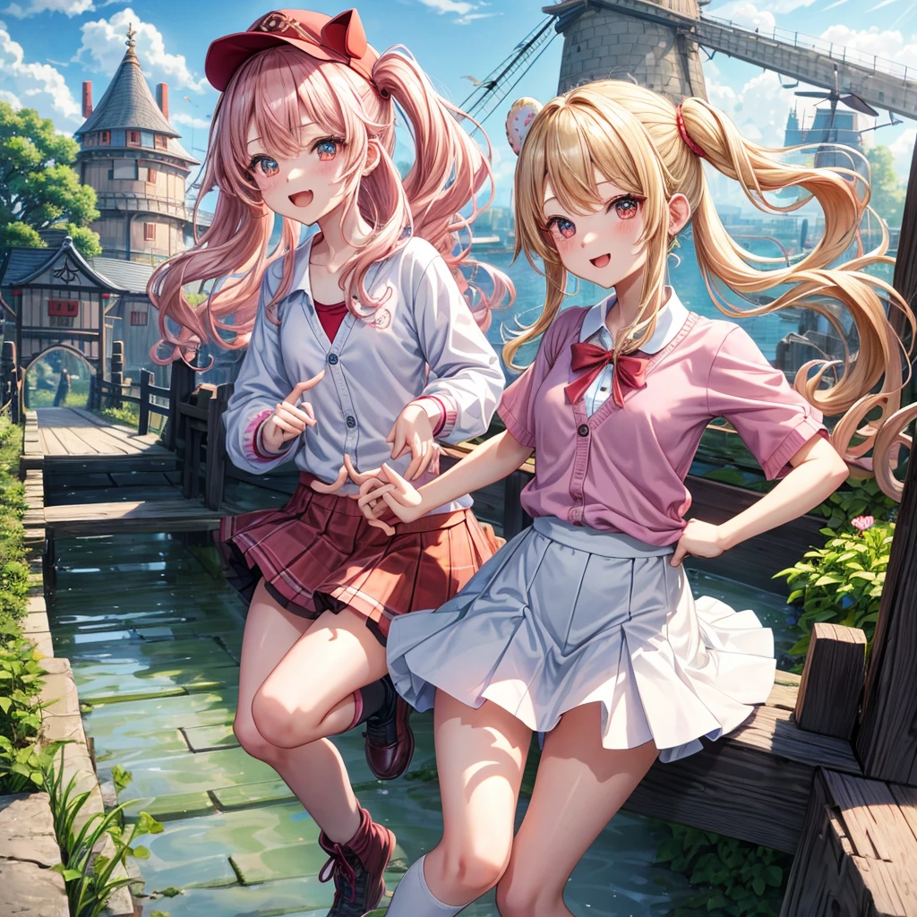 Pink Blonde、Red eyes、Wavy Hair、Hair tied up、Two cute、Checked mini skirt、black t-shirts、cardigan、Knee-high socks、bear ears baseball cap、Teeth are visible、Monster Castle、Tilting face、crossing the bridge、hazakura、windmill、grass、Stones are growing out of the ground.、Holding hands with a teddy bear、Morning glory is blooming.、In front of the city gates、clock、Underground tunnels、Waterway、Small boat、Skipping