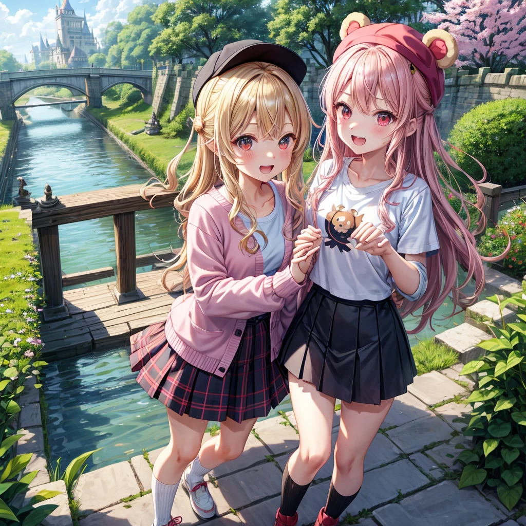 Pink Blonde、Red eyes、Wavy Hair、Hair tied up、Two cute、Checked mini skirt、black t-shirts、cardigan、Knee-high socks、bear ears baseball cap、Teeth are visible、Monster Castle、Tilting face、crossing the bridge、hazakura、windmill、grass、Stones are growing out of the ground.、Holding hands with a teddy bear、Morning glory is blooming.、In front of the city gates、clock、Underground tunnels、Waterway、Small boat、Skipping