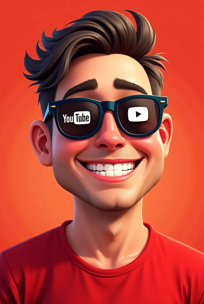I need a picture like a man face who is wearing a sunglasses on the bothmirror of the sunglasses it should display the YouTube symbol and the man face should be in laugh and he should be little fat and without beard and mustard and he should have a beautiful straight hair cut and the background of the picture should be red colored design and the man should wearing a red t-shirt and at last the picture should be cartoonized