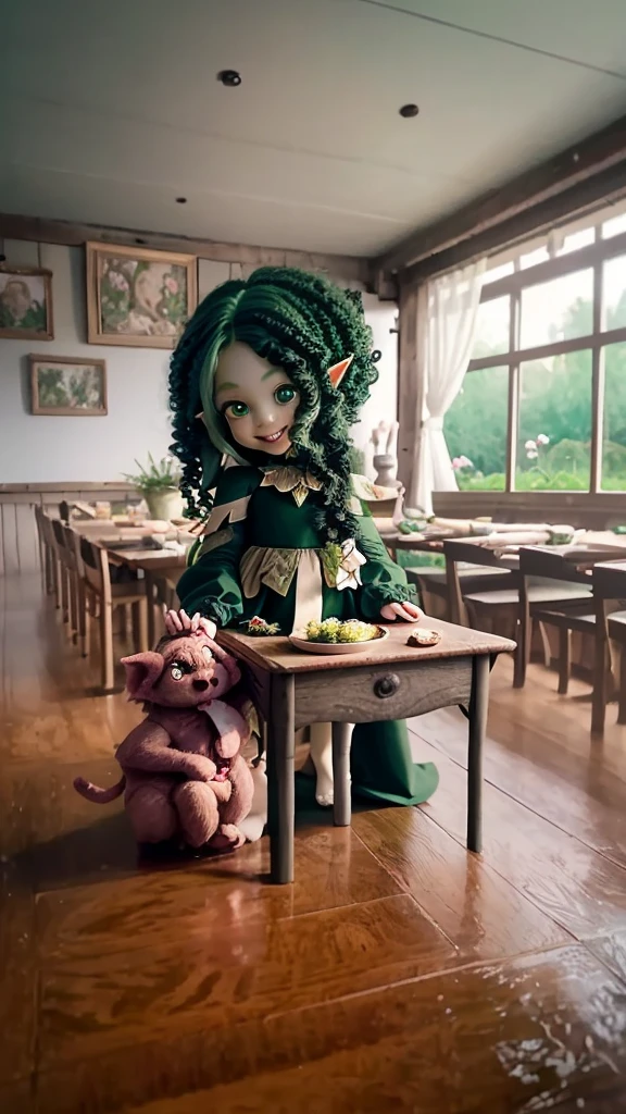 Raise a child elf girl, non-human, Grinning,
with shoulder-length curly hair in green, large expressive black eyes, pointy ears, Caucasian skin, green dress in a garden with flowers