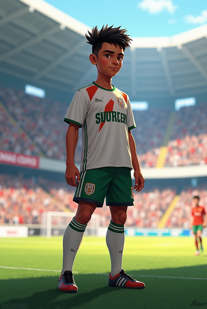 Draw the player Lamine Yamal playing for Bracerlona club, note: draw in the form of a boy standing on the field with the spectators in the background.