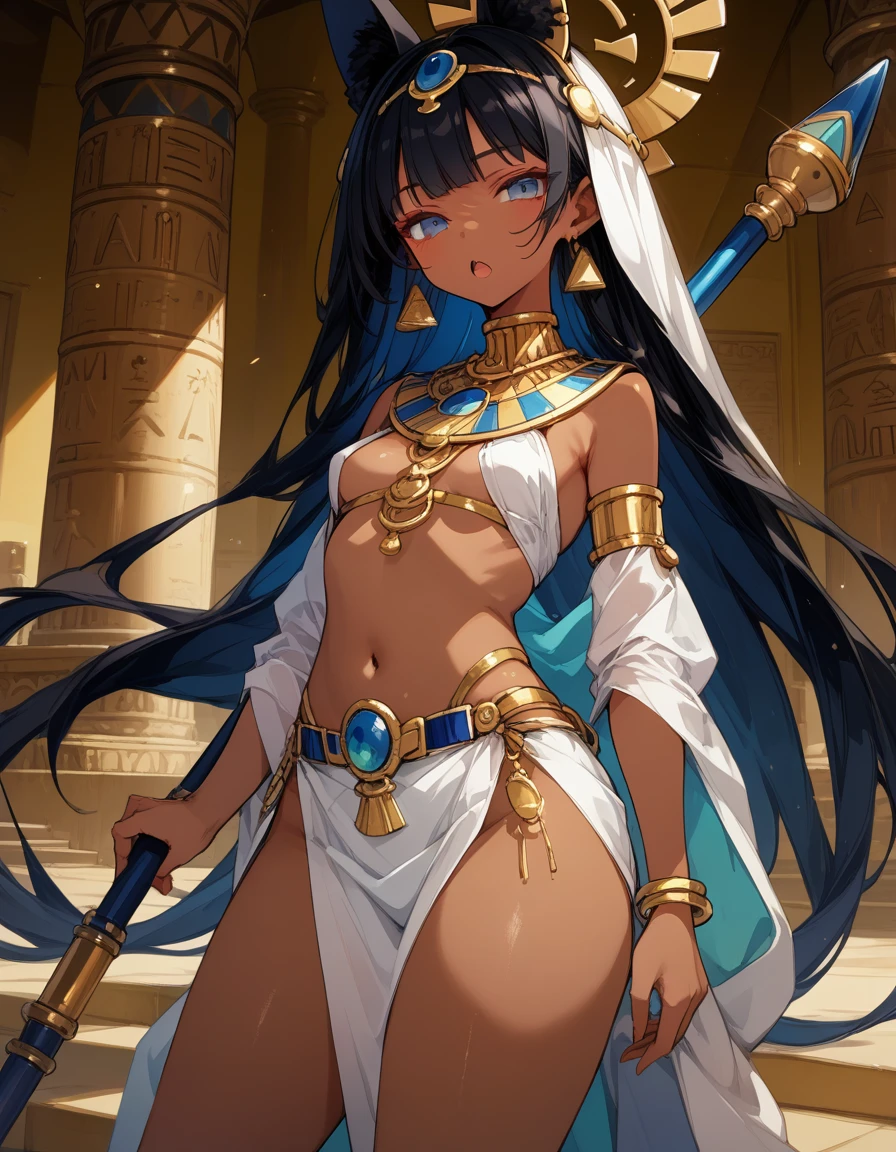 score_10,score_9_up,score_8_up,score_7_up, hadrian, small breasts,expressionless, looking at viewer, seductive, with Pyramid of Khufu view, in Egypt, female anubis, egyptian clothes, egyptian mythology, truncheon,staff, long black hair, dark skin, open mouth, ????, cowboy shot, nice hips, hand on hip, hip sway, half open eyes, thick thighs,