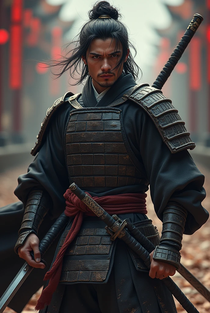 samurai warrior, ((masterpiece, highest quality, Highest image quality, High resolution, Raw photo, 8K)), ((Extremely detailed CG unified 8k wallpaper)), (huge stunning warrior shot, full body, musclural body beauty:1.4), black hair, black hair, nervous, Posing for the camera, In a warrior fighting stance, stern expression, unkempt hair, and wearing traditional samurai attire. He carried two swords—a katana and a wakizashi—and had a rugged, battle-hardened look., photorealistic, 16k, 8k, 4K, award winning