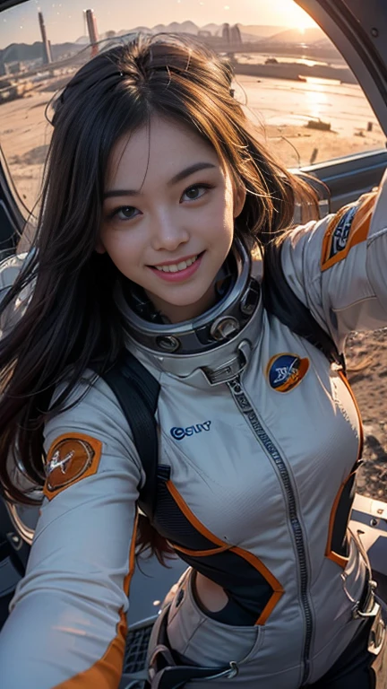 xxmixgirl,1girl, fisheye, selfie, wind, messy hair, sunset,smiling,FilmGirl, Generate a lively and enchanting scene portraying a girl with flowing hair, radiating joy in a orange spacesuit. Picture her inside a futuristic spacecraft, capturing a moment of pure enthusiasm as she takes a selfie. planet mercury and huge sun visible in the background. The spacecraft's interior is sleek and modern, adorned with high-tech elements and large windows that offer breathtaking view of planet mercury from space in vast expanse of space galaxy, The girl's genuine smile reflects her excitement as she embarks on a journey to amercury, showcasing the adventurous spirit of space exploration, orange space suit. show case large burning sun in background