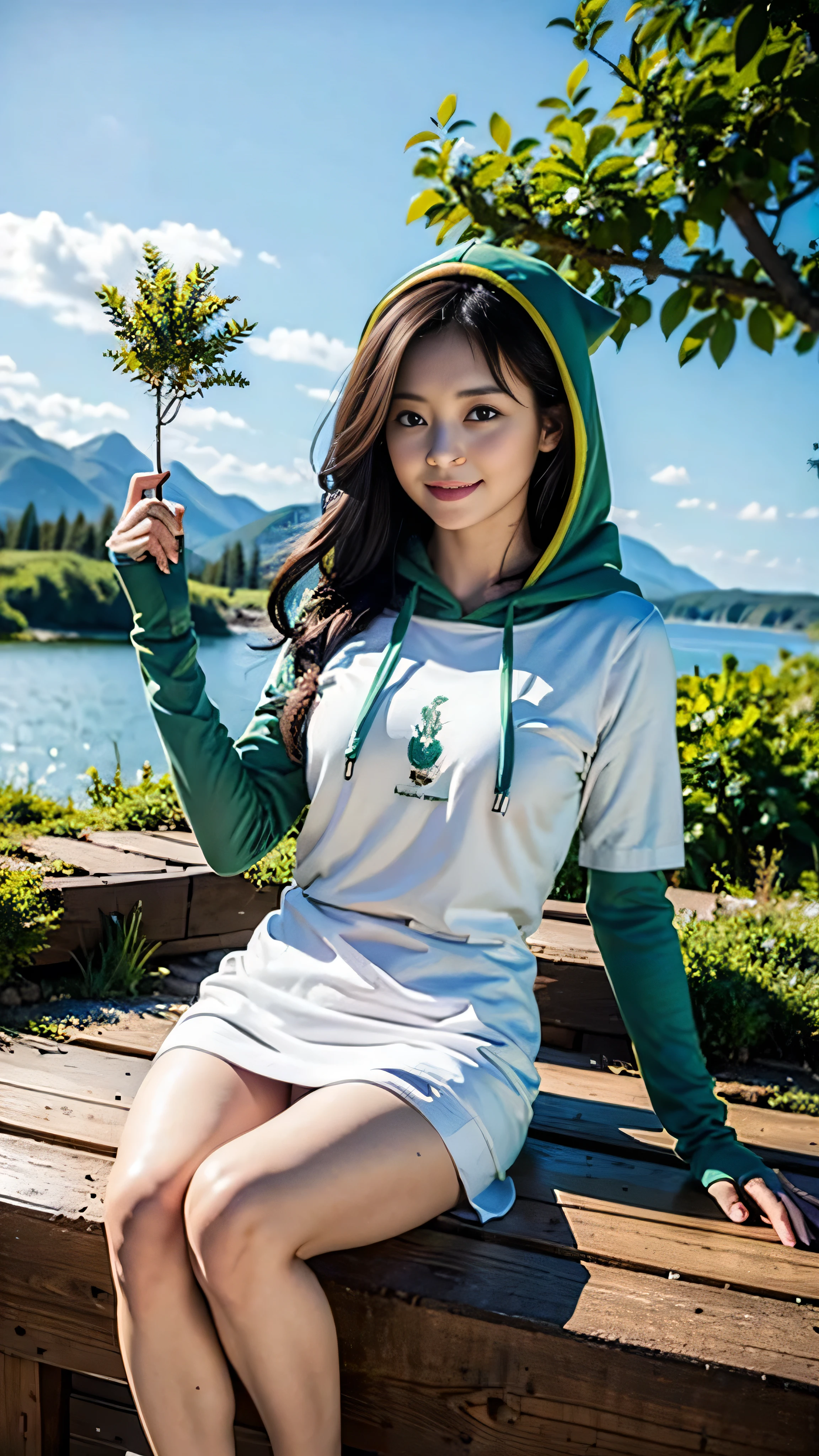 masterpiece, best quality,, 1girl, sitting, bird, black_hair, book, bookmark, branch, gloves, grass, green hair, holding, holding book, hood, hood down, leaf, looking at viewer, multicolored hair, open_book, partially fingerless gloves, pen, plant, pouch, quill, reading, sitting, smile, solo, tail, tree, tree stump,, sky, sun, mountain, forest, lake