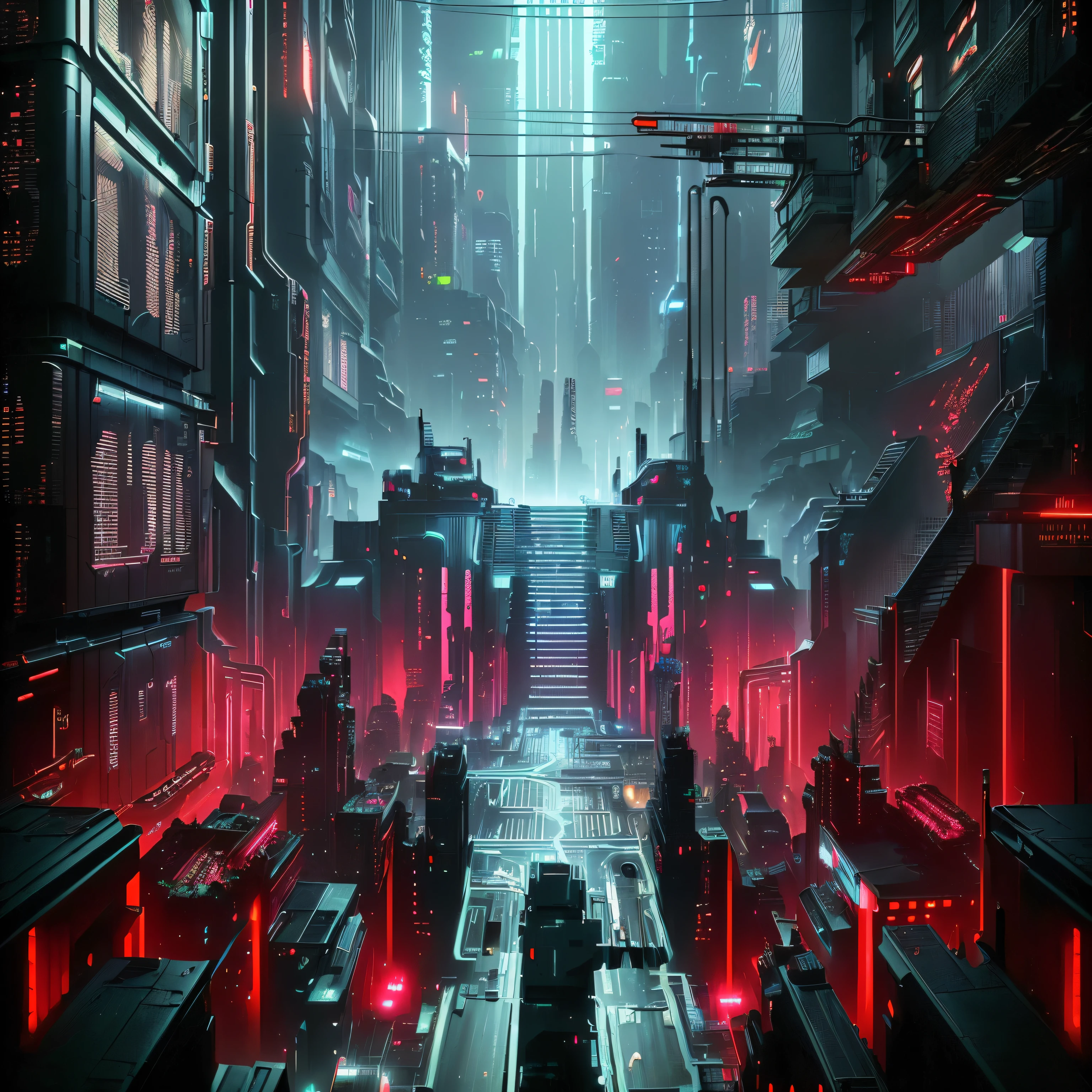 Futuristic city with red light and stairs leading to stairs, Futuristic cyberpunk scenario, Dark Cyberpunk Metropolis, Futuristic cyberpunk city, Cyberpunk atmosphere, in a Futuristic cyberpunk city, hyper realistic cyberpunk city, advanced digital cyberpunk art, Sci-Fi Cyberpunk, Dark futuristic city, Cybernetic City Background, cyberpunk digital art, dystopian cyberpunk city, And Mumford. 8k octane rendered, Cyberpunk Environment