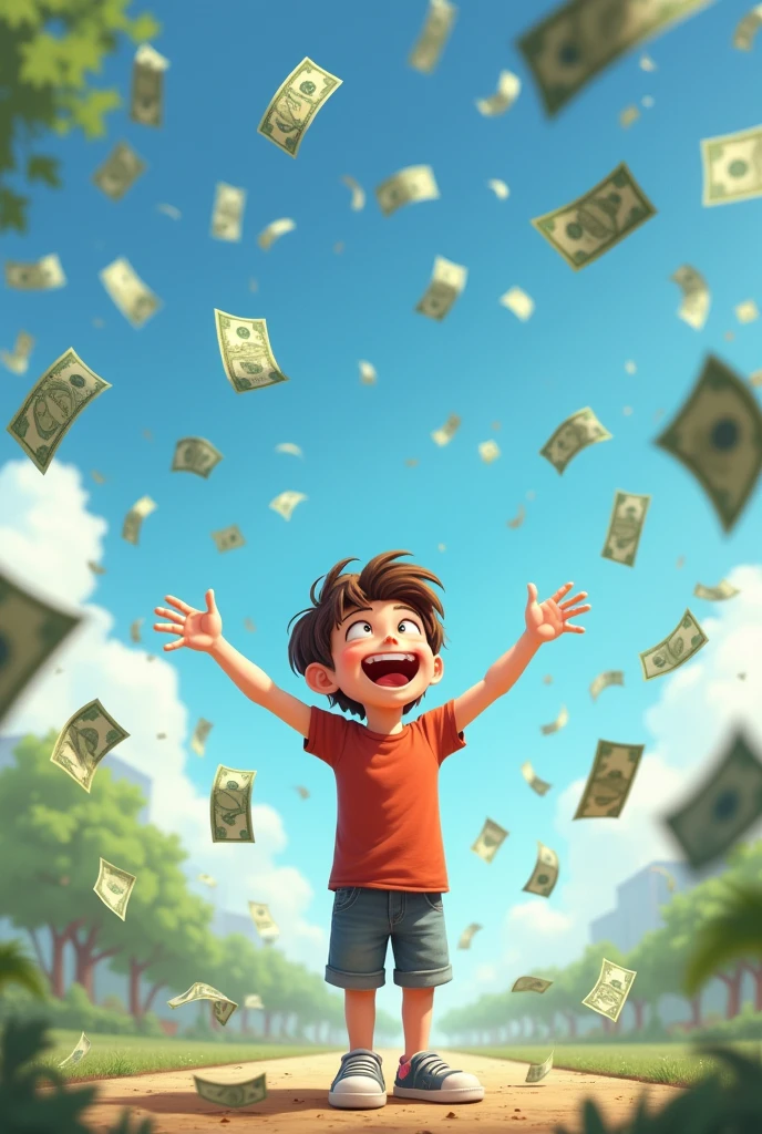 The money is falling from the sky like rain and a young boy  is enjoying the money rain 