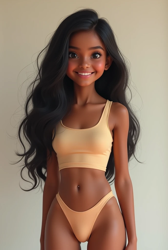 A beautiful 10 year-old wearing a Stylish tight crop top and a bottom, smiling with her beautiful legs exposed, she is Sri Lankan, she has long black hair. Shows tummy.