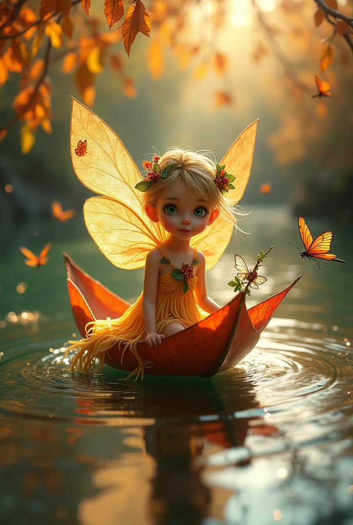 A vibrant, miniature fairy with iridescent wings, the size of a dragonfly, perched gracefully atop a glossy, autumn-hued leaf. The leaf, floating effortlessly on the serene surface of a gently flowing river, serves as her makeshift vessel. Her attire is a blend of soft, organic materials such as petals and spider silk, intricately woven to resemble a dress that flows with the same ease as the water beneath her. The fairy's features are delicate, with a tiny pointed nose, mischievous green eyes, and hair made of fine, golden strands of sunlit straw. She holds a wand adorned with dew-kissed berries and a sprig of mint, hinting at her nature-based magic. The riverbanks are lush with foliage, displaying a palette of warm oranges, reds, and yellows that mirror the changing seasons. Overhanging willow branches cast dappled shadows upon the water, creating a serene, natural tapestry. Dragonflies and butterflies flit around her, drawn to the fairy's ethereal presence. The scene is bathed in the soft, golden light of a setting sun, which casts a warm glow on the scene and reflects off the river's ripples, imbuing the entire image with a sense of tranquility and enchantment.