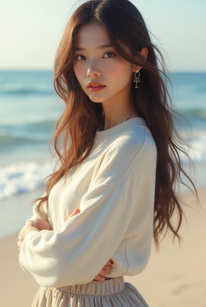 1girl in, age 25, beautiful face, brown Long hair, Looking at Viewer, jewelry, Realistic, A skirt, white sweater outfits,, beach background, free pose