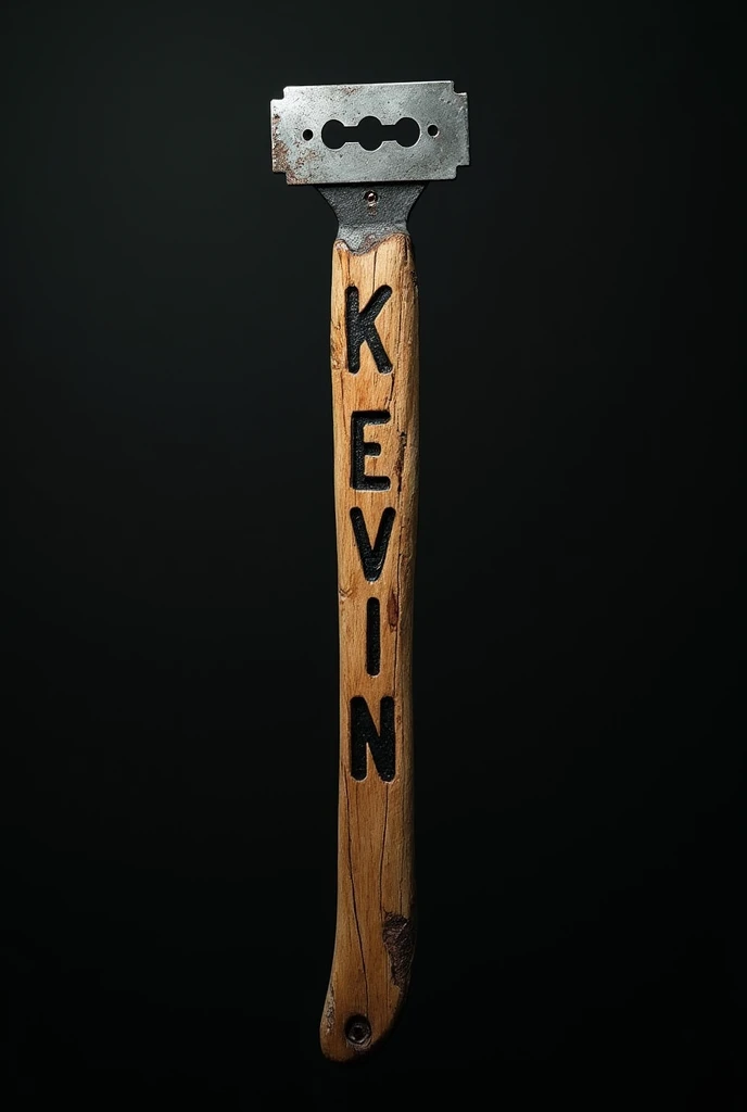 Make a stick with a razor blade with the name kevin