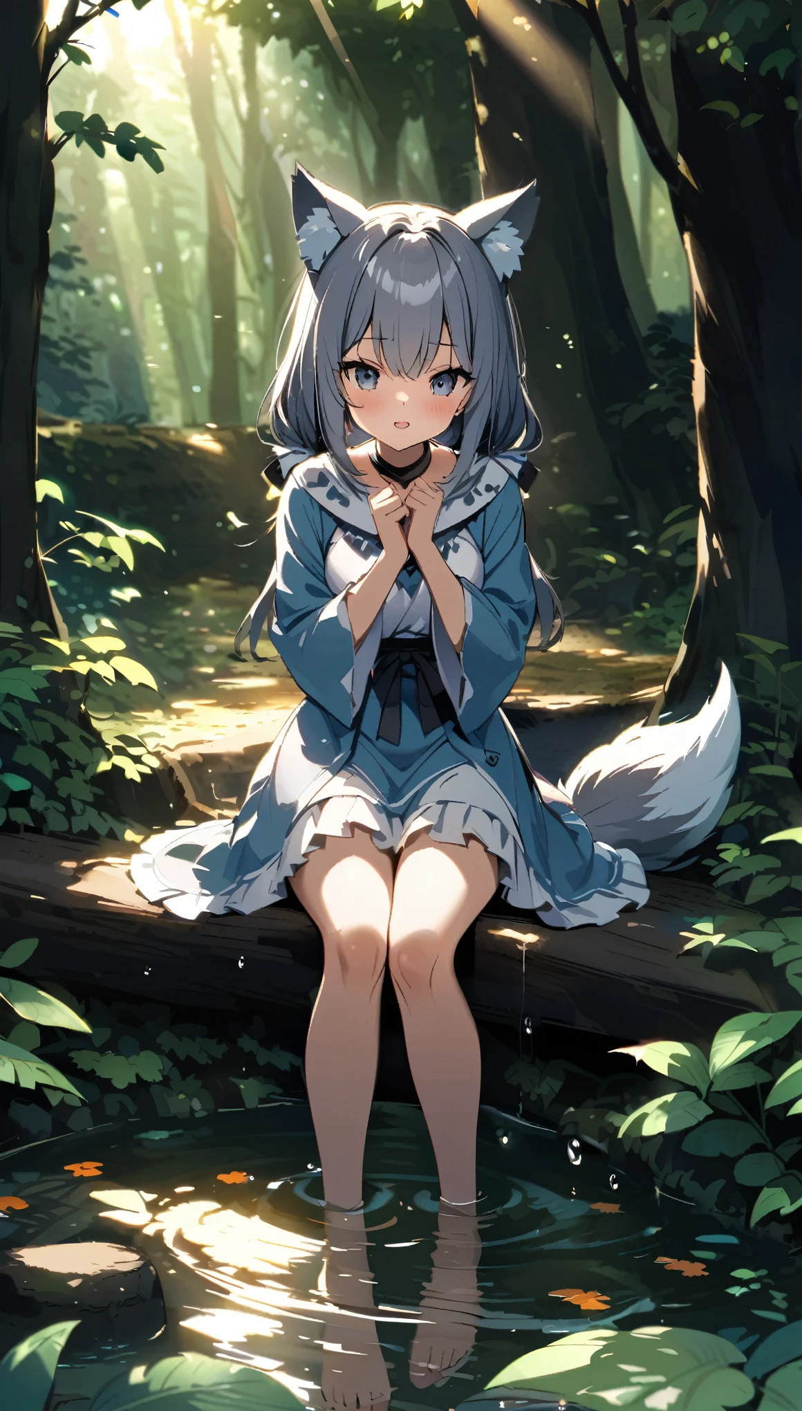 Gray wolf woman living in the forest、cute、Wolf Ears、Wolf Tail、tooth、Glancing、In the dense forest、The sunlight filtering through the trees creates a mysterious atmosphere.、A small stream flows at my feet