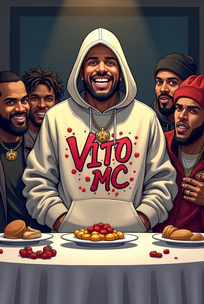 White rapper 85 kg 1,70 sweatshirt with graffiti that says Vito Mc at the last supper with famous rappers cartoon drawing