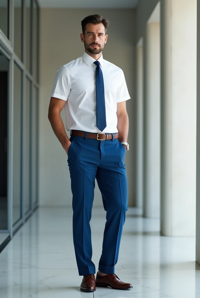 Men's executive uniform with elegant short sleeve white shirt and high waisted cyan blue trousers