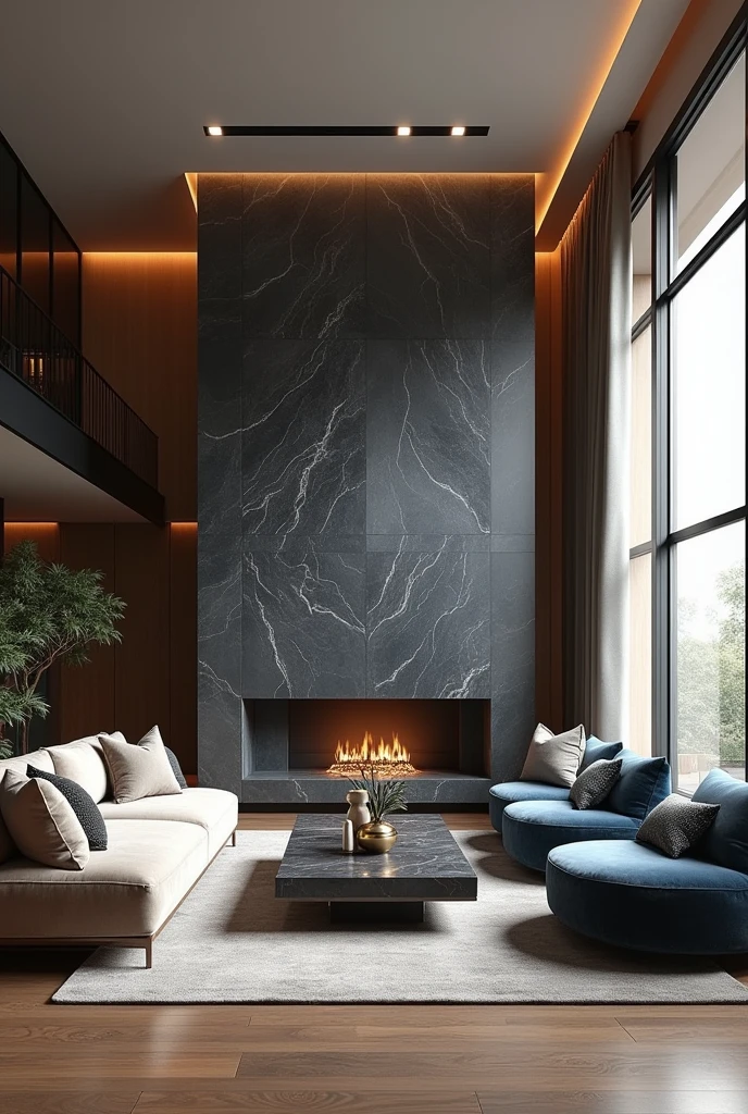 Professional 3d architecture rendering design of modern living room with dark beige and so dark vintage blue floranca velvet sofa set and flouting dark gray marble fireplace and brown laminate and elegant and modern accessories and modern windows