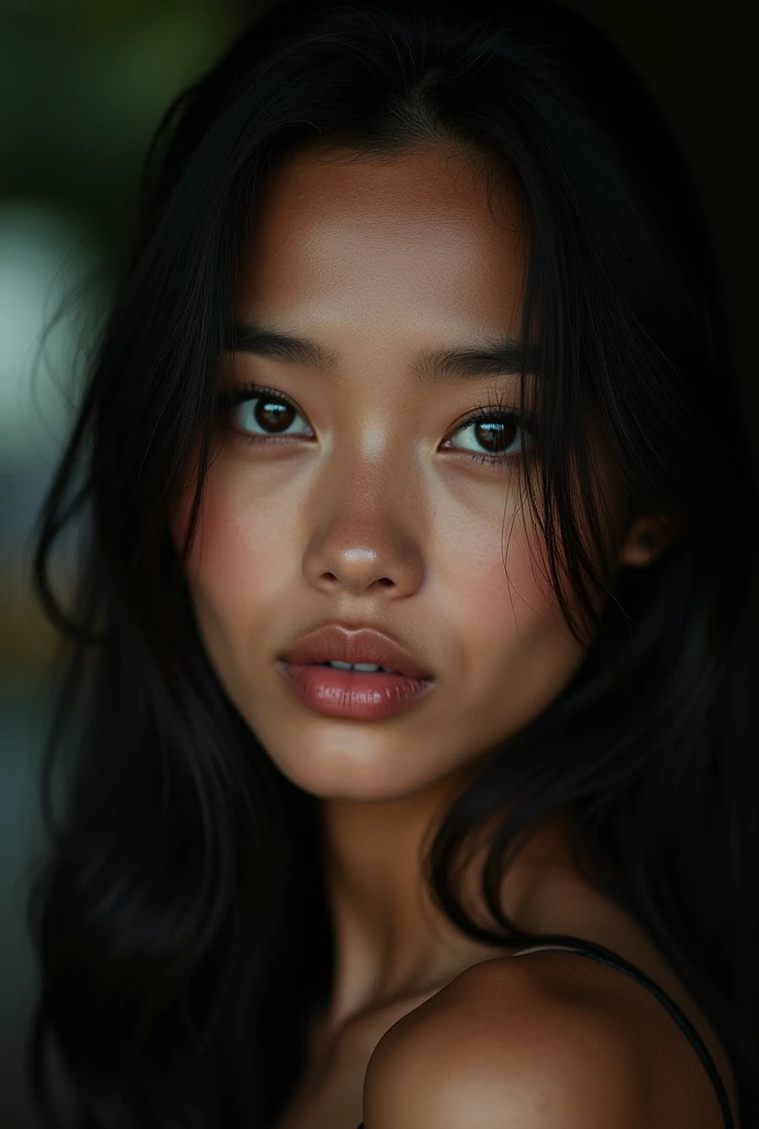Thai woman face photography, black hair , yeux verts, regard charmeuse, Dark skin tones ,26 ans,