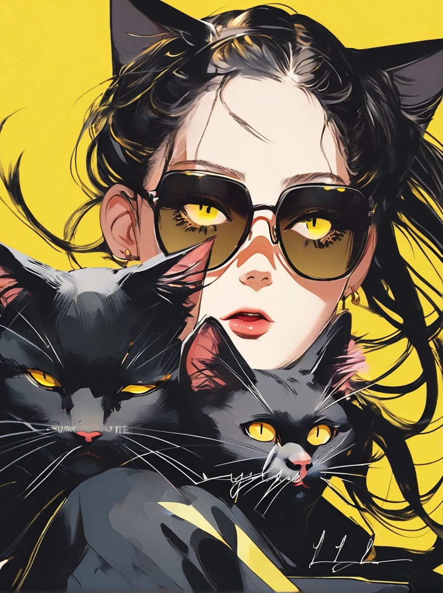 Anime girl wearing sunglasses in her hair, Guweiz style artwork, Digital illustration style, Anime style illustration, Anime style 4k, yellow-eyed, with glowing eyes, Beautiful young catwoman, style of anime. open mouth, tongoue out of her mouth, cat woman, by Qu Leilei, author：Hero, persona 5 art style wlop