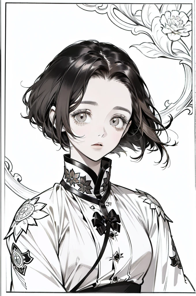 As a coloring book, white and black color, borders should be simple, clear, distinct, and thick lines, By Cartoon picture book of a beautiful Asian girl with short brown hair, best quality, high resolution, detailed background, high contrast, 1 girl, close-up of the head, floral background, clean line drawings
