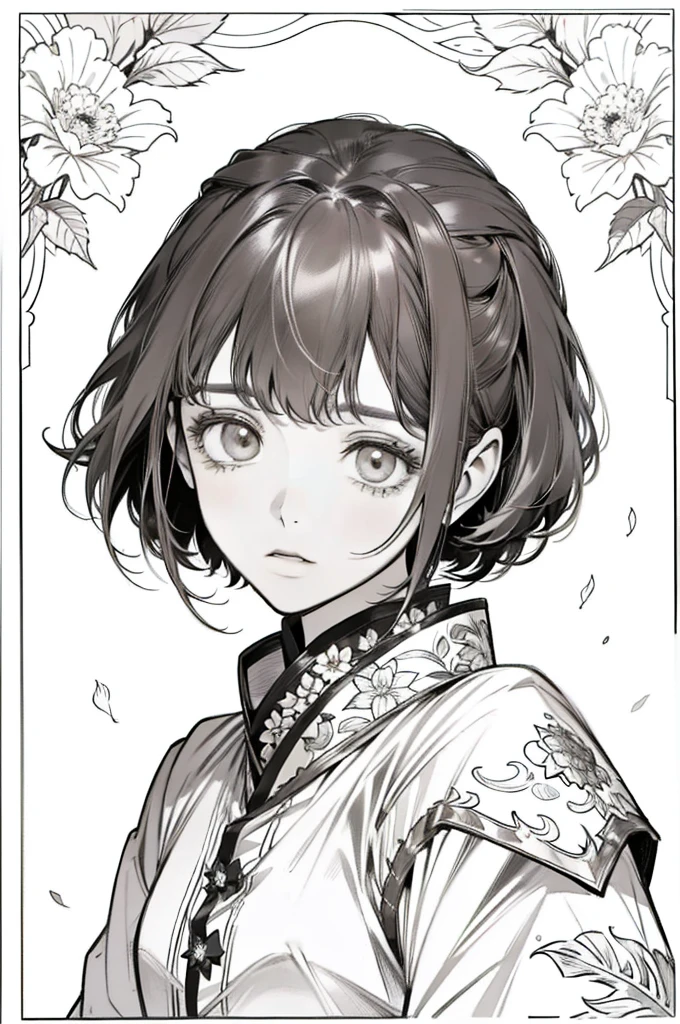 As a coloring book, white and black color, borders should be simple, clear, distinct, and thick lines, By Cartoon picture book of a beautiful Asian girl with short brown hair, best quality, high resolution, detailed background, high contrast, 1 girl, close-up of the head, floral background, clean line drawings