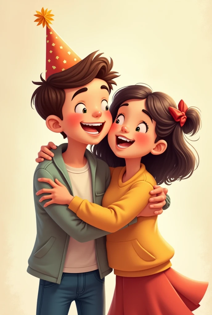 Happy Birthday, a boy and a girl who are hugging each other like friends and not in a children&#39;s theme 