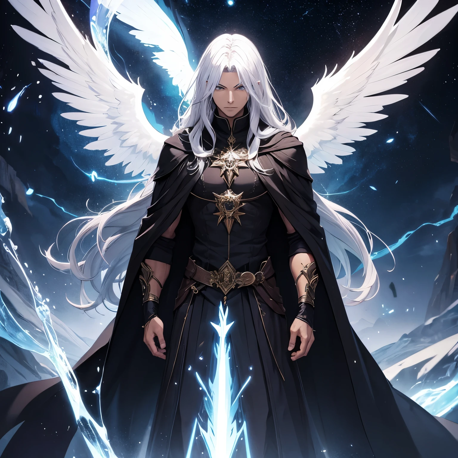 powerful being, dark mage, a man, celestial being, Angelic Wings