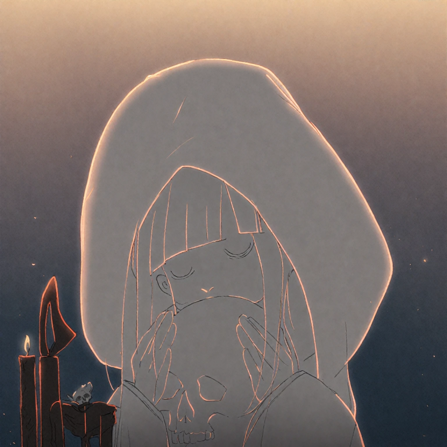 1girl、Black hair, long hair、white kimono,wedding,wataboushi,uchikake,standing,white hood,、shiromuku、 skull, cheeks to skull, evening,faint light、deep shadows、