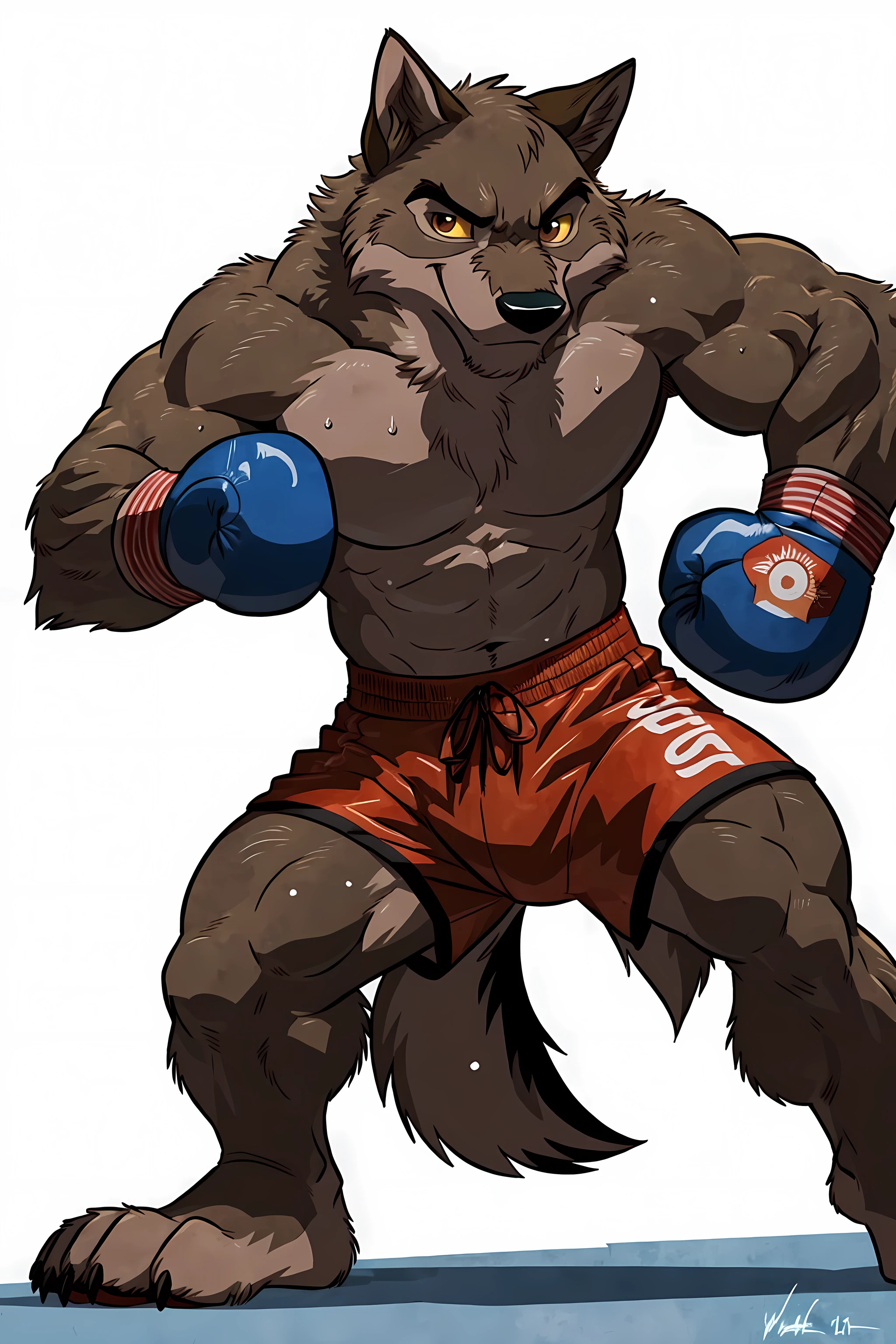 balto, baltowd, brown eyes, yellow sclera, solo, detailed, detailed face, detailed eyes, anthro body, black lineart, black outline, male, masculine, adult, very muscular body, muscles, cartoon shading, confident, proud, smile, boxing shorts, wolf tail, (wearing boxing gloves, detailed boxing gloves):1.1, (no background, white background):1.5, bare chest, by wfa, by negger, cel shaded:1.2, boxing stance:1.1, action pose, exhausted, sweaty:1.2, stern face, determined