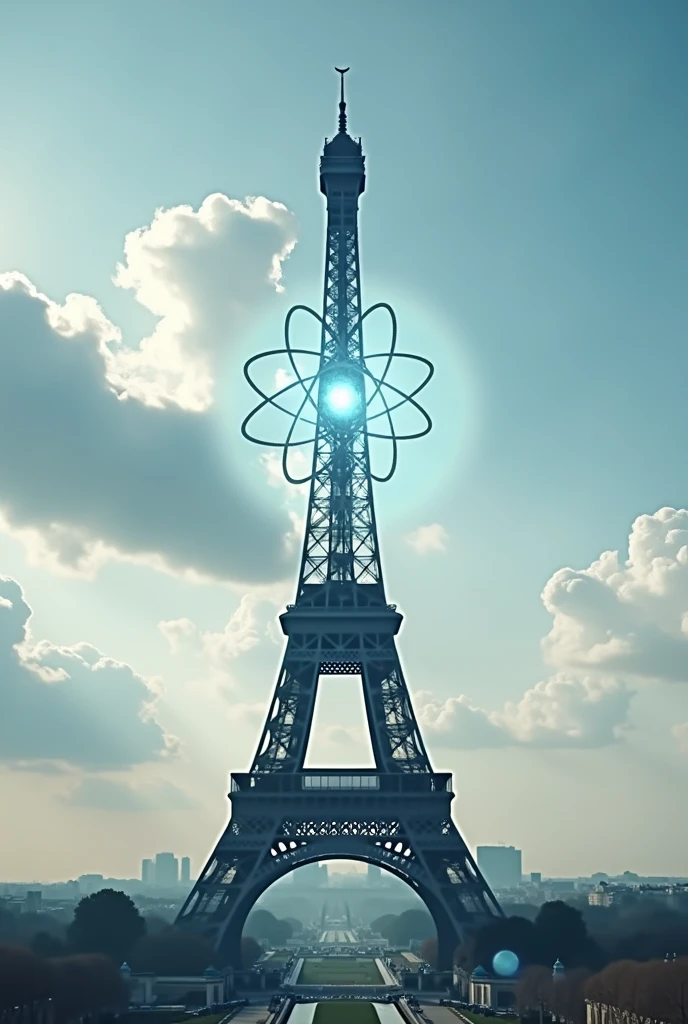 Paris video with the Eiffel tower clouds and an atom just above