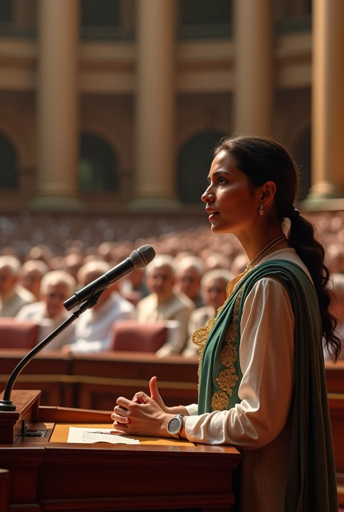 2 one girl leader giving speech mic in Indian new Parliament House Behind him, many big MPs like Narendra Modi, Atal Bihari Vajpayee, Rahul Gandhi, Indira Gandhi are listening to his speech.