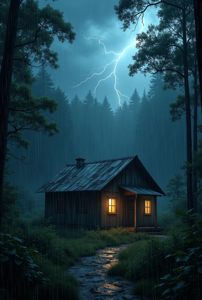 heavy rain in the middle of the forest, you can see rainwater falling and lightning, there is a house with an old style tin roof, at night