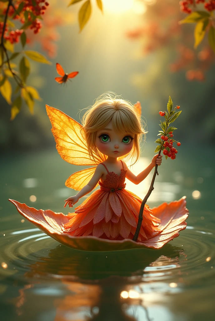 A vibrant, miniature fairy with iridescent wings, the size of a dragonfly, perched gracefully atop a glossy, autumn-hued leaf. The leaf, floating effortlessly on the serene surface of a gently flowing river, serves as her makeshift vessel. Her attire is a blend of soft, organic materials such as petals and spider silk, intricately woven to resemble a dress that flows with the same ease as the water beneath her. The fairy's features are delicate, with a tiny pointed nose, mischievous green eyes, and hair made of fine, golden strands of sunlit straw. She holds a wand adorned with dew-kissed berries and a sprig of mint, hinting at her nature-based magic. The riverbanks are lush with foliage, displaying a palette of warm oranges, reds, and yellows that mirror the changing seasons. Overhanging willow branches cast dappled shadows upon the water, creating a serene, natural tapestry. Dragonflies and butterflies flit around her, drawn to the fairy's ethereal presence. The scene is bathed in the soft, golden light of a setting sun, which casts a warm glow on the scene and reflects off the river's ripples, imbuing the entire image with a sense of tranquility and enchantment.