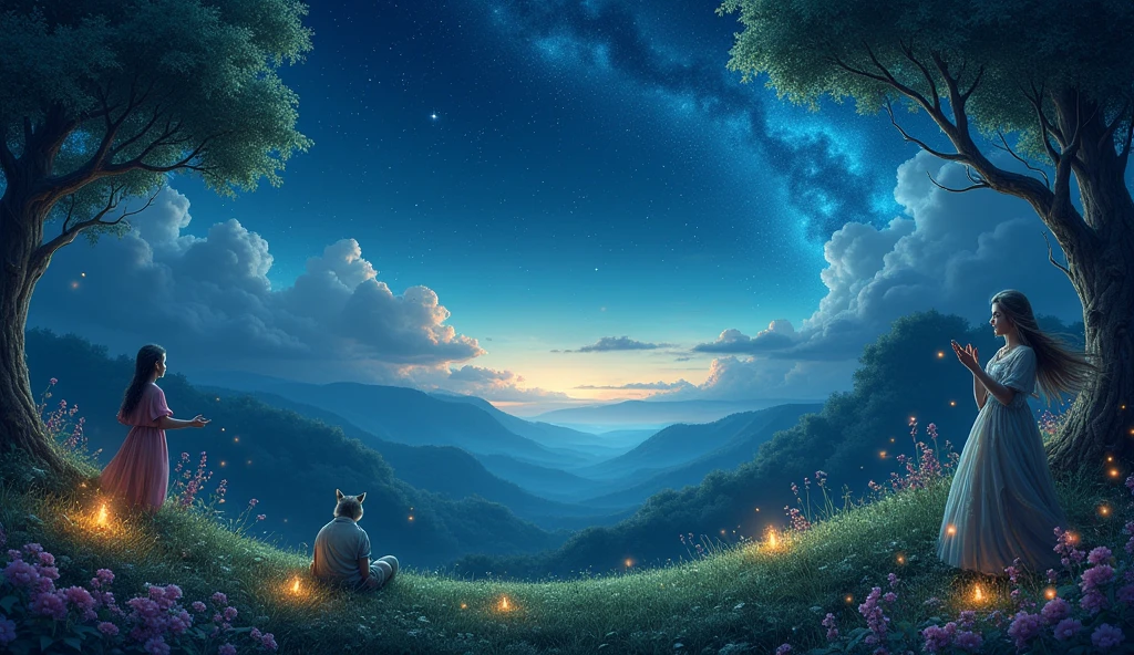 Fantastic night scenery、Fantasy elements、Cute atmosphere、Star-studded night sky、High quality、Super Real、Night image、beautiful、Highest quality
