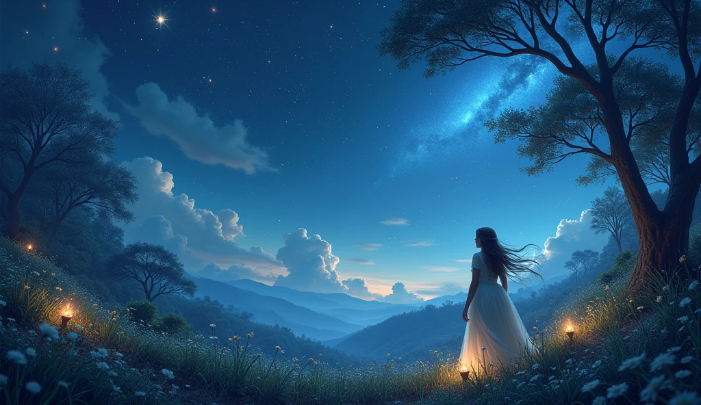 Fantastic night scenery、Fantasy elements、Cute atmosphere、Star-studded night sky、High quality、Super Real、Night image、beautiful、Highest quality
